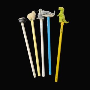 📝 Vtg. Set of 5 Novelty Circa 1980s Animal Pencils With Flocked Toppers